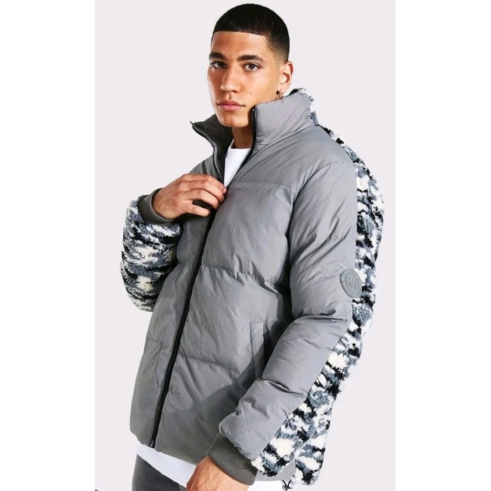 Boohoo MAN Puffer Jacket XL Gray Camo Coat Fleece Funnel Neck Borg Back Panel
